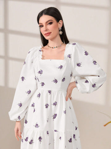 Modely Floral Print Square Neck Lantern Sleeve Ruffle Hem Dress