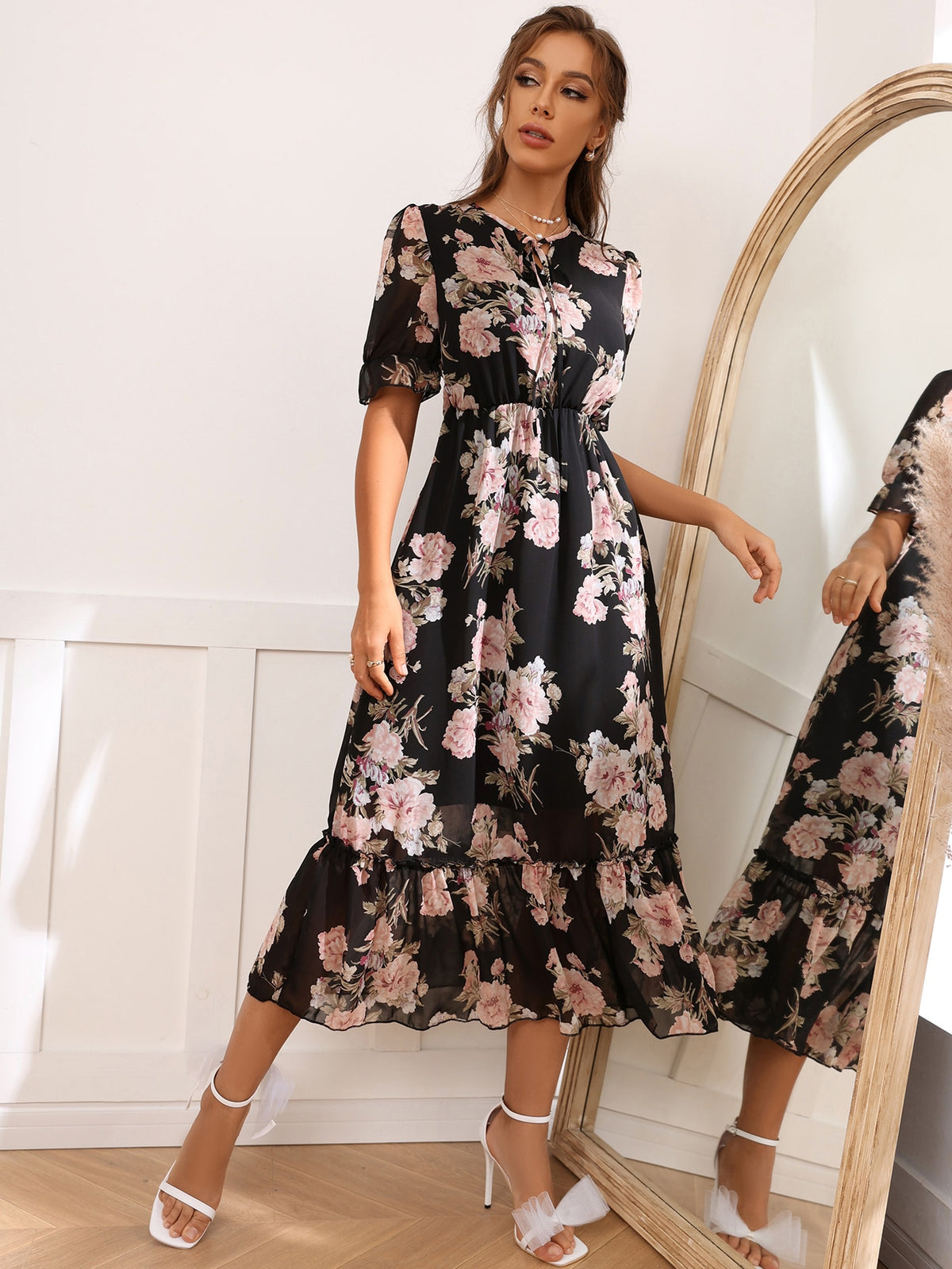 Modely Floral Print Tie Front Flounce Sleeve Dress