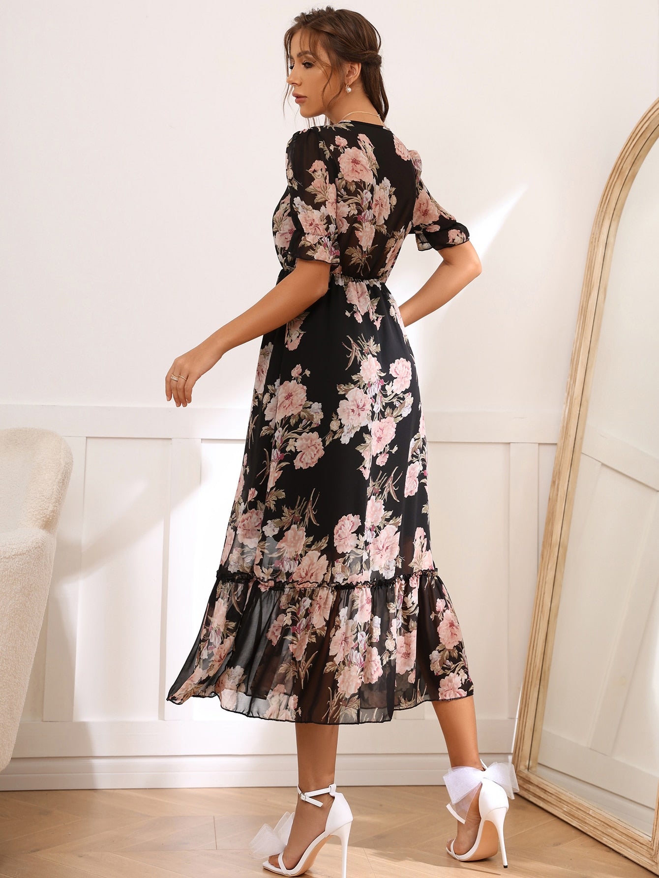 Modely Floral Print Tie Front Flounce Sleeve Dress