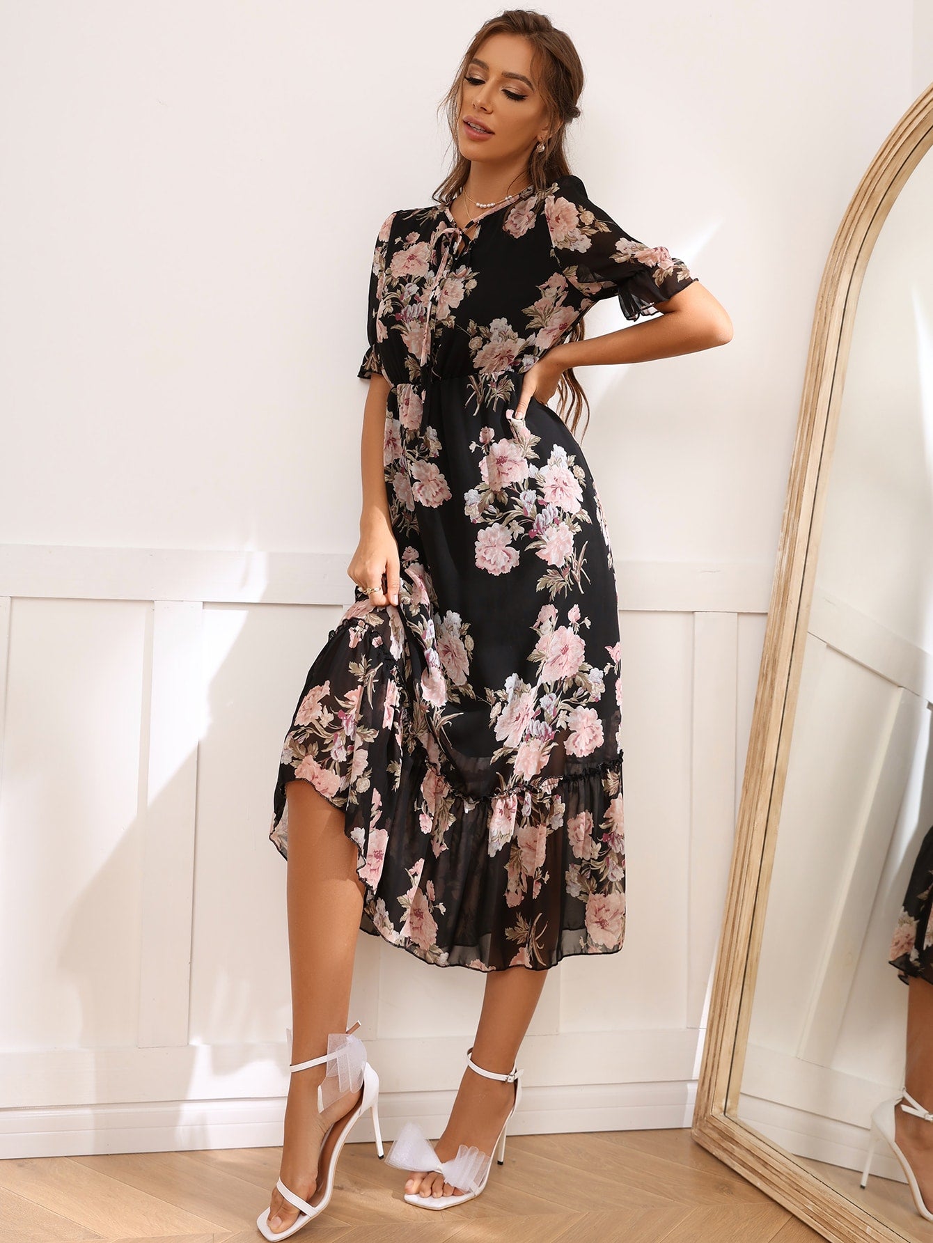 Modely Floral Print Tie Front Flounce Sleeve Dress