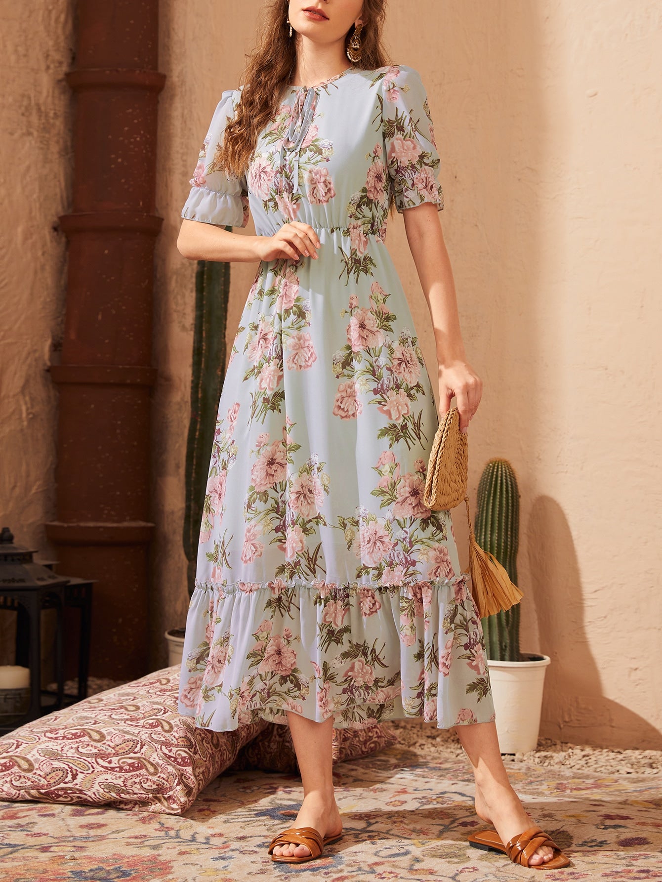 Modely Floral Print Tie Front Flounce Sleeve Dress