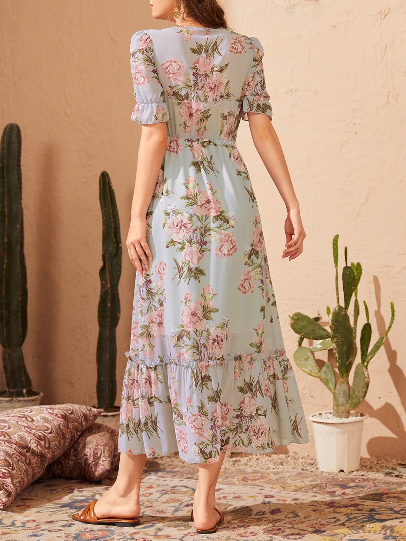 Modely Floral Print Tie Front Flounce Sleeve Dress