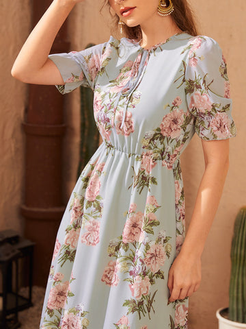 Modely Floral Print Tie Front Flounce Sleeve Dress