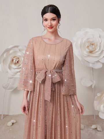 Flounce Sleeve Belted Sequins Dress