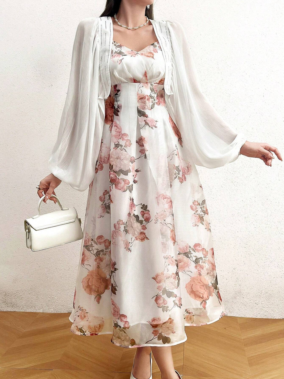 Modely Flower Print Ruffle Trimmed Slip Dress And Open Front Lantern Sleeve Coat