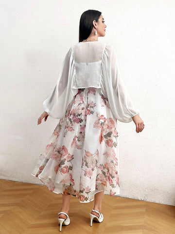 Modely Flower Print Ruffle Trimmed Slip Dress And Open Front Lantern Sleeve Coat