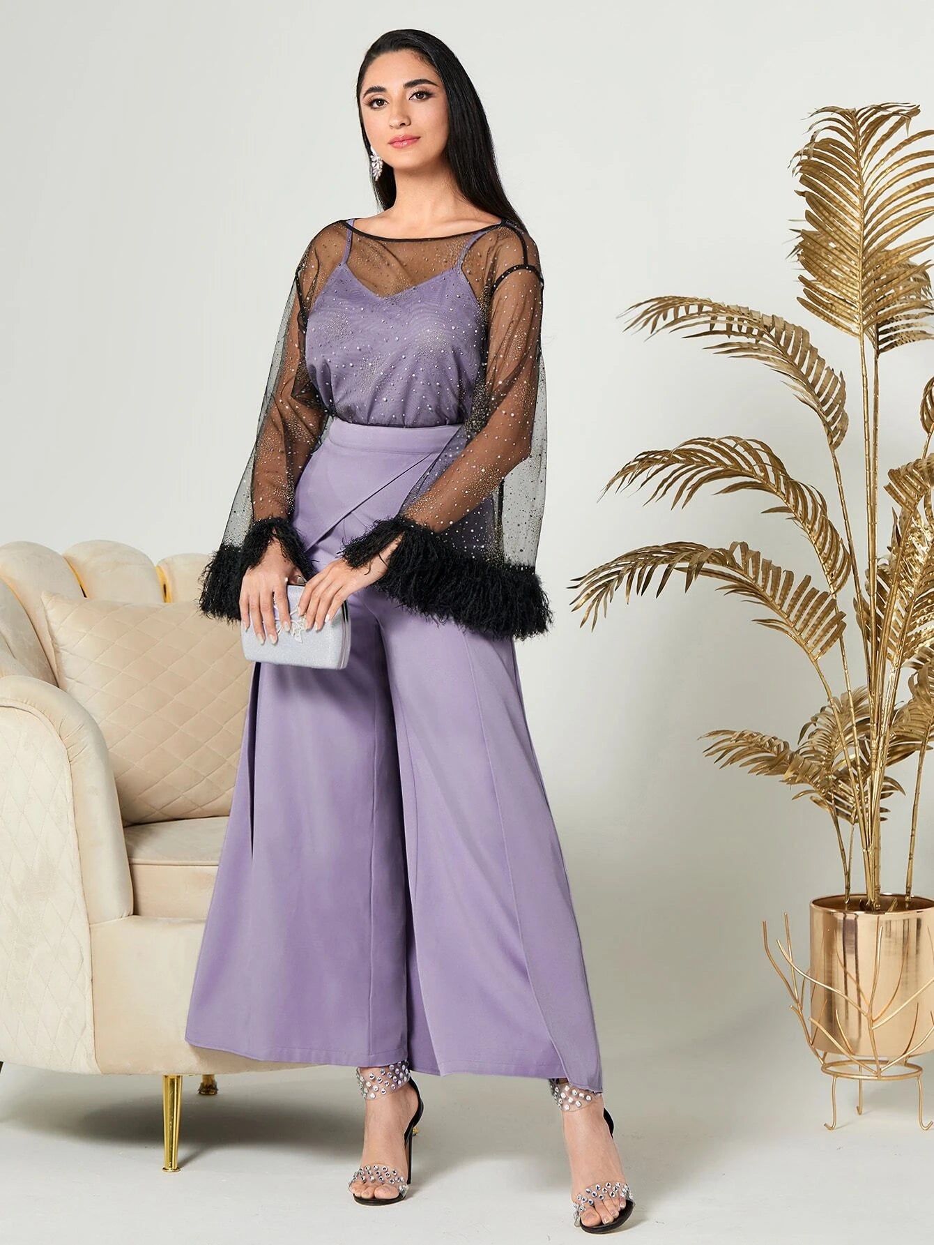 Modely Fuzzy Cuff Mesh Top & Foldover Wide Leg Pants & Camisole