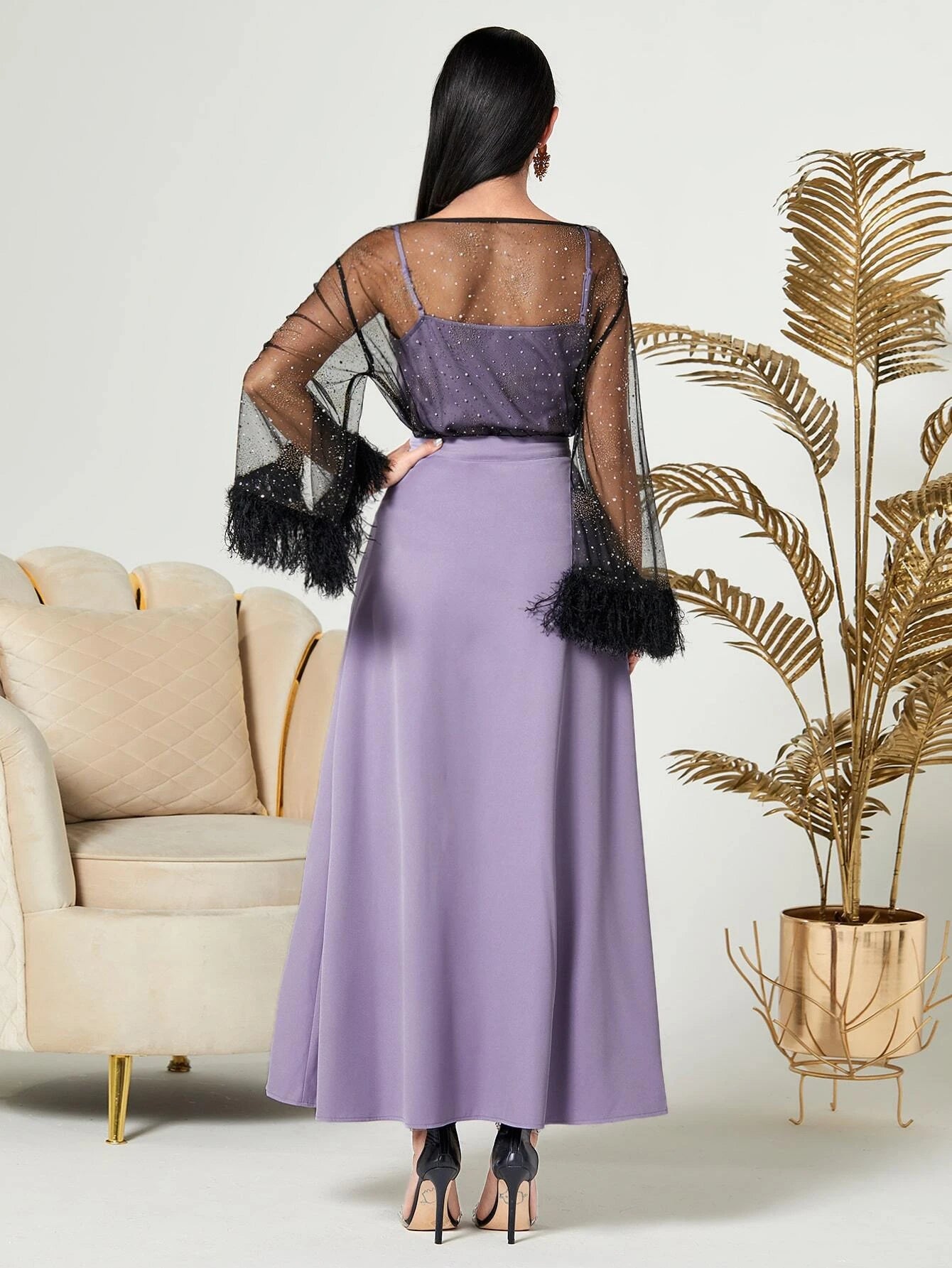 Modely Fuzzy Cuff Mesh Top & Foldover Wide Leg Pants & Camisole