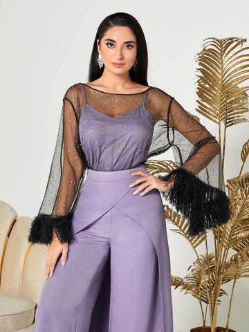 Modely Fuzzy Cuff Mesh Top & Foldover Wide Leg Pants & Camisole