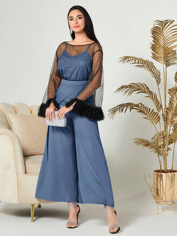 Modely Fuzzy Cuff Mesh Top & Foldover Wide Leg Pants & Camisole