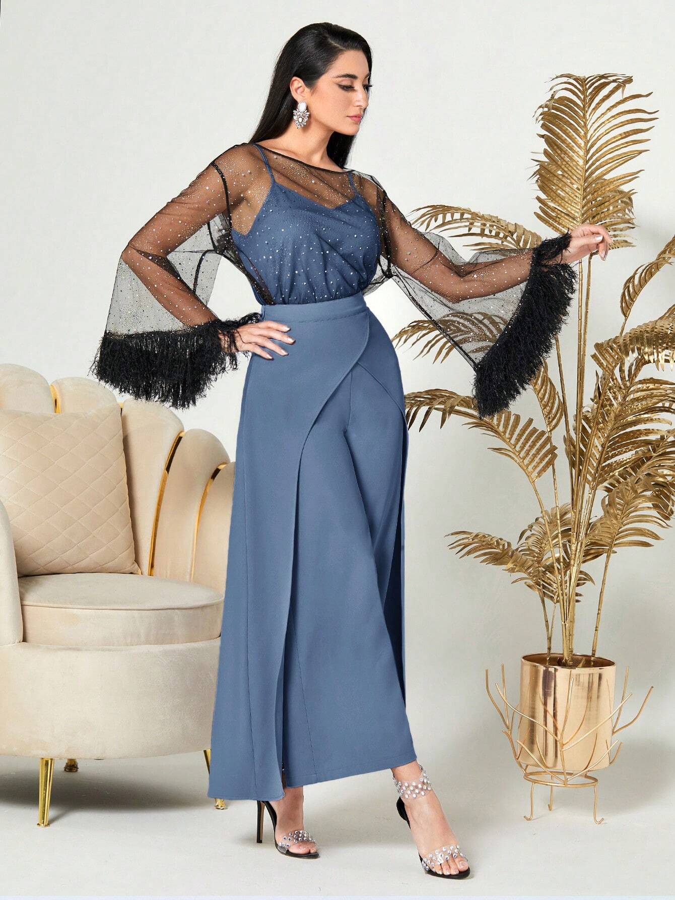 Modely Fuzzy Cuff Mesh Top & Foldover Wide Leg Pants & Camisole