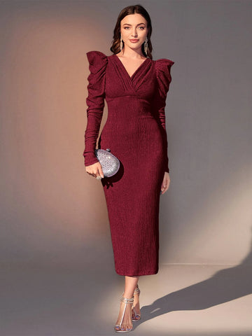 Modely Gigot Sleeve Split Back Fitted Dress