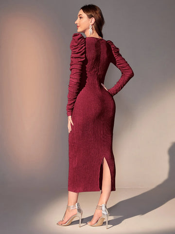 Modely Gigot Sleeve Split Back Fitted Dress