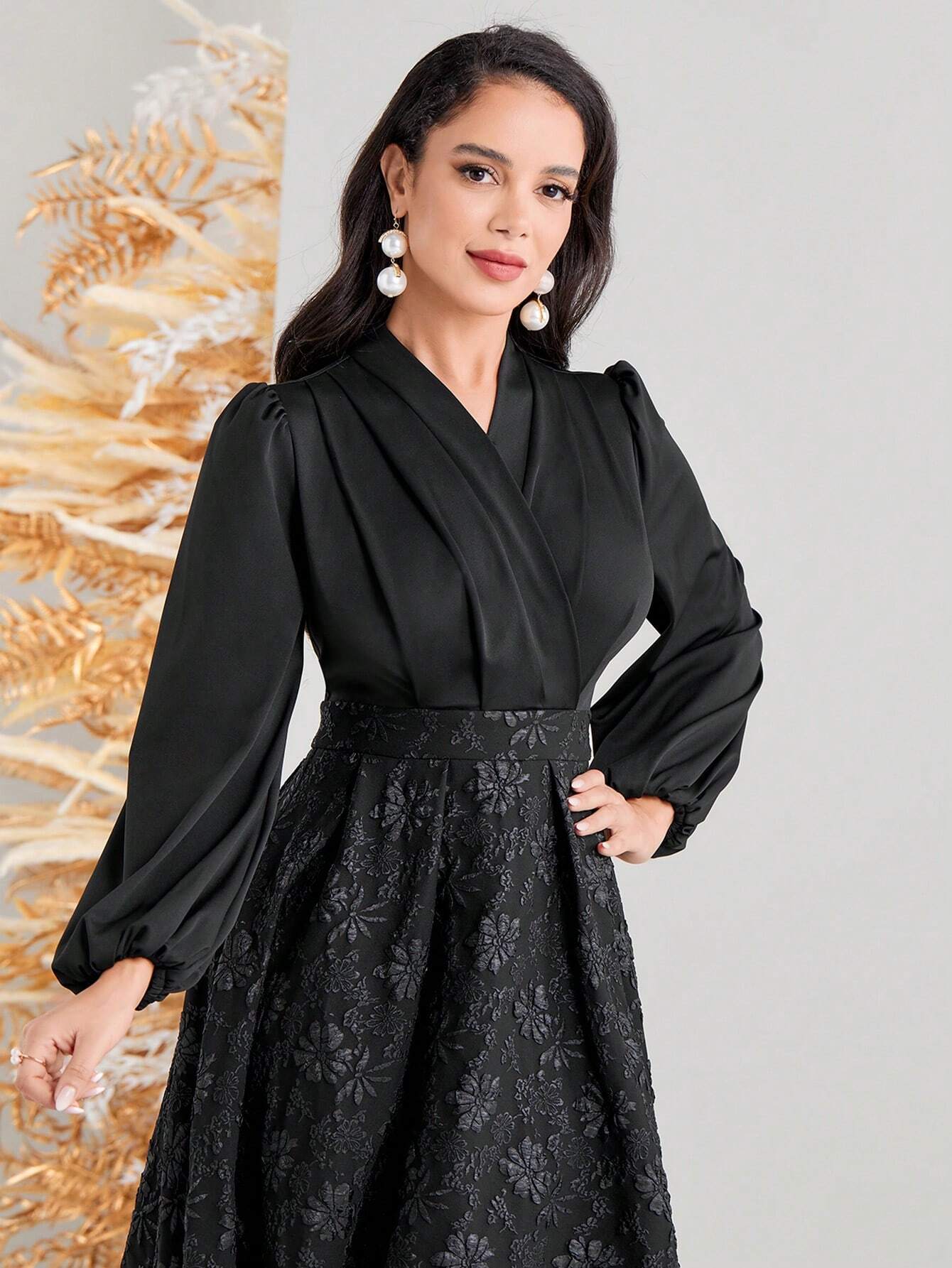 Modely High Neck Lantern Sleeve Jacquard Wrap Dress