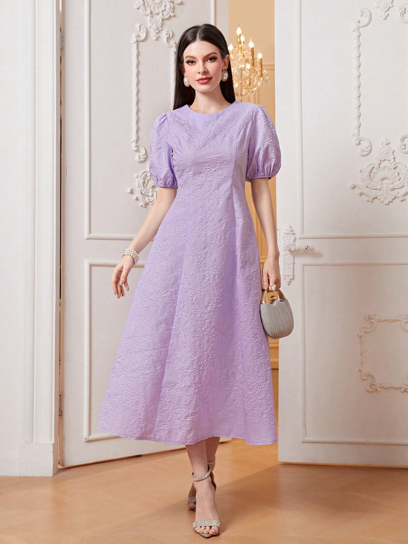 Modely Jacquard Puff Sleeve A-Line Dress