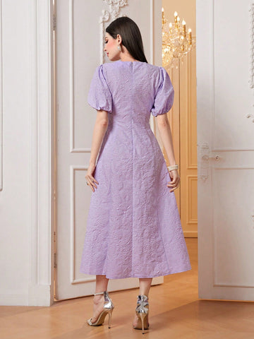 Modely Jacquard Puff Sleeve A-Line Dress