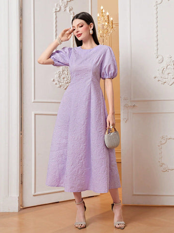 Modely Jacquard Puff Sleeve A-Line Dress