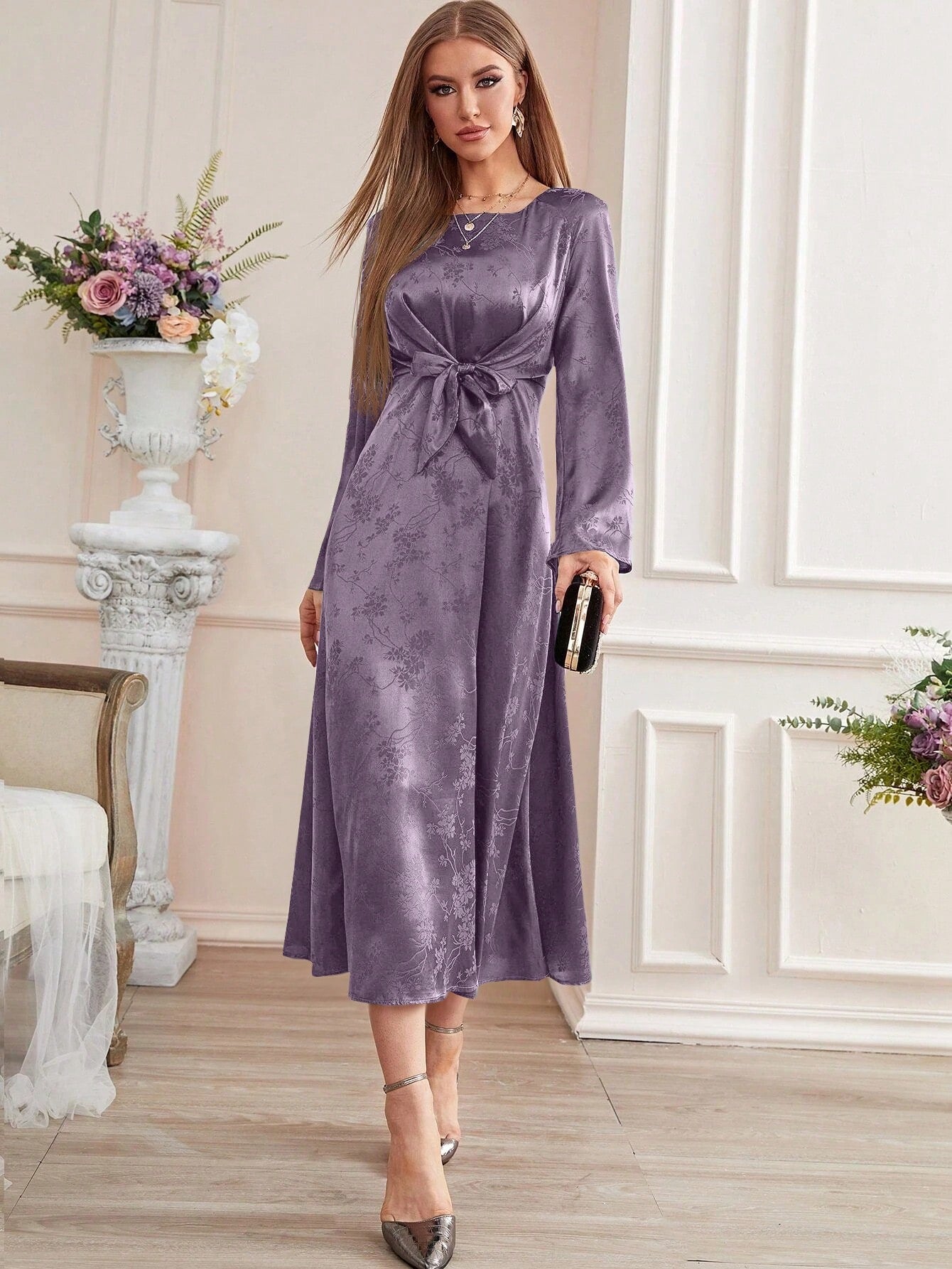 Modely Jacquard Trumpet Sleeve Knot Front Dress