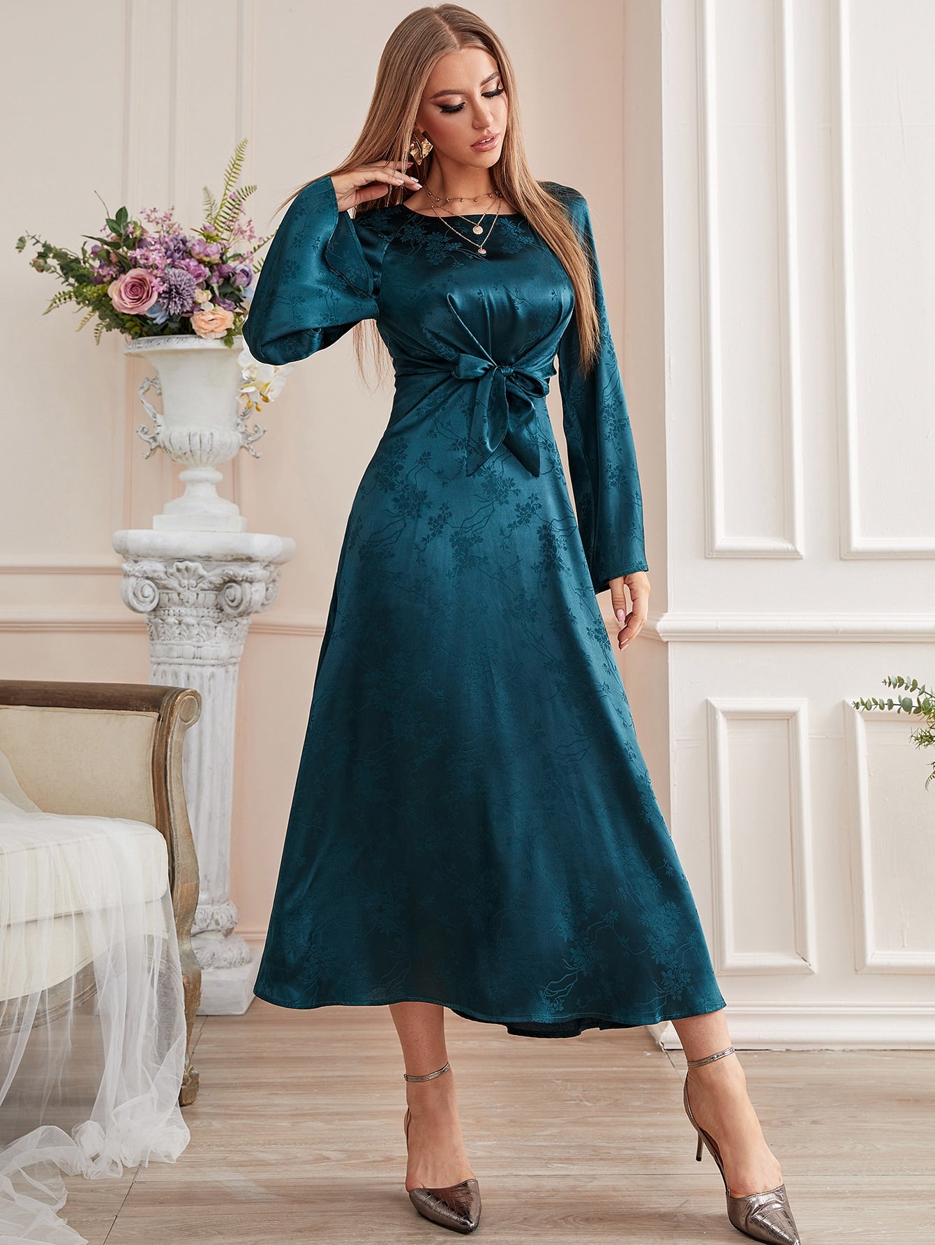 Modely Jacquard Trumpet Sleeve Knot Front Dress