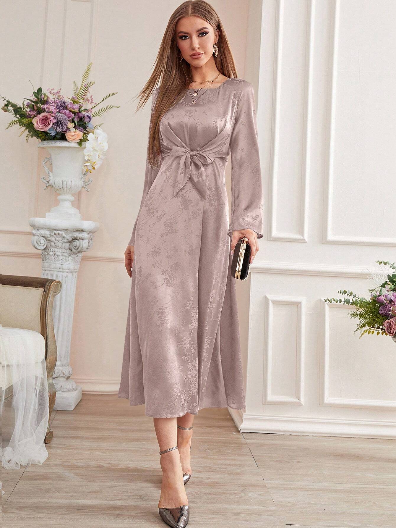 Modely Jacquard Trumpet Sleeve Knot Front Dress