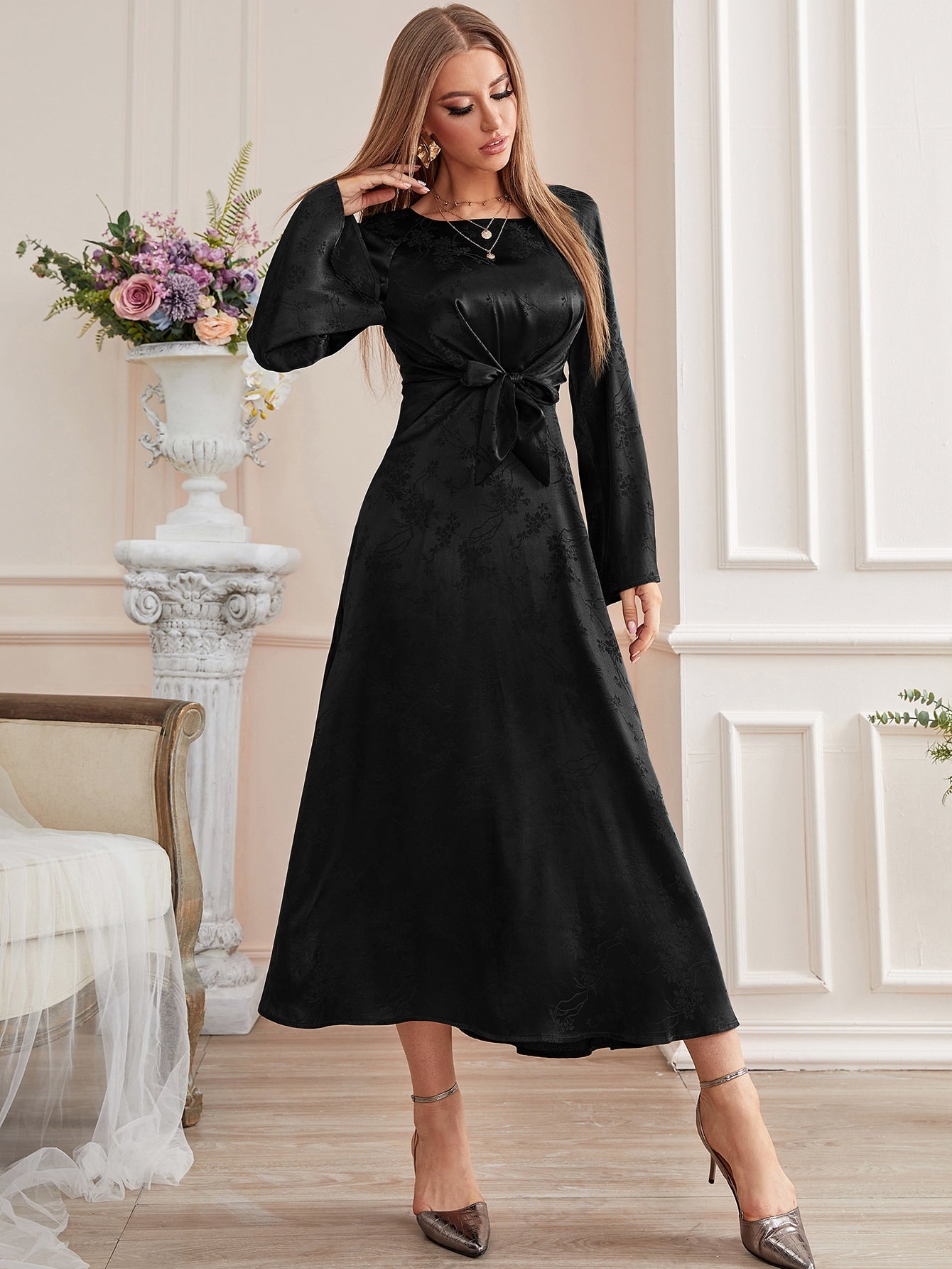 Modely Jacquard Trumpet Sleeve Knot Front Dress