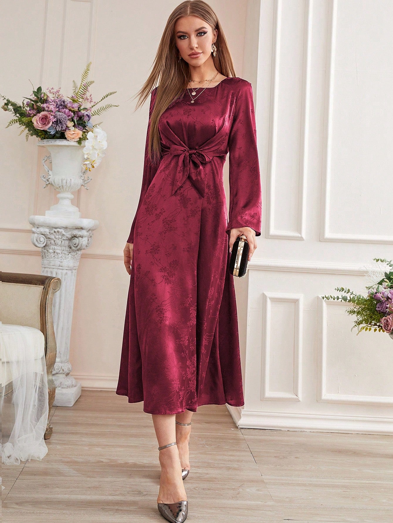 Modely Jacquard Trumpet Sleeve Knot Front Dress