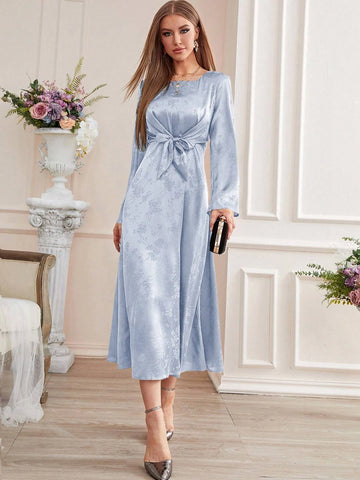 Modely Jacquard Trumpet Sleeve Knot Front Dress