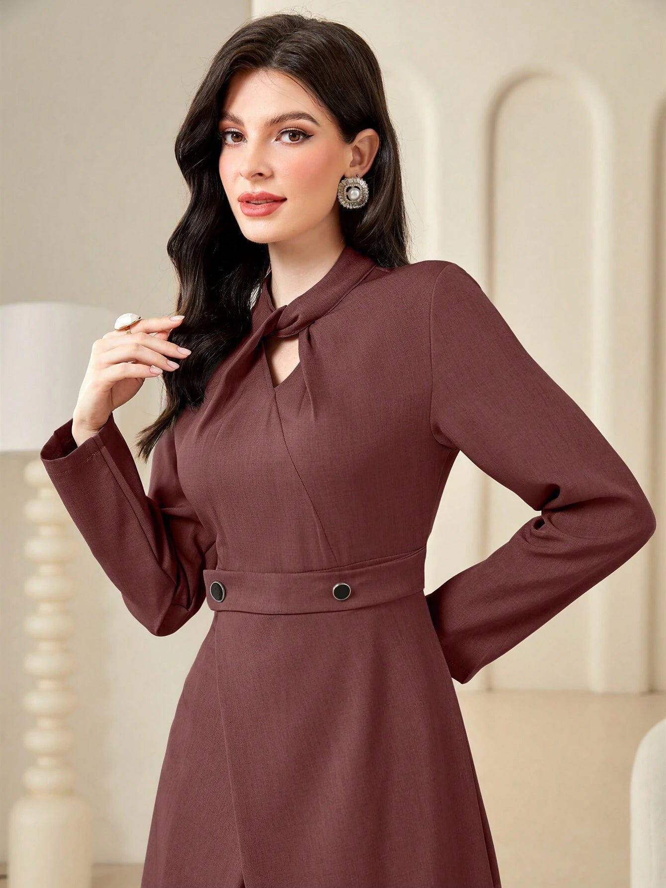 Modely Keyhole Neckline Long Sleeve Dress