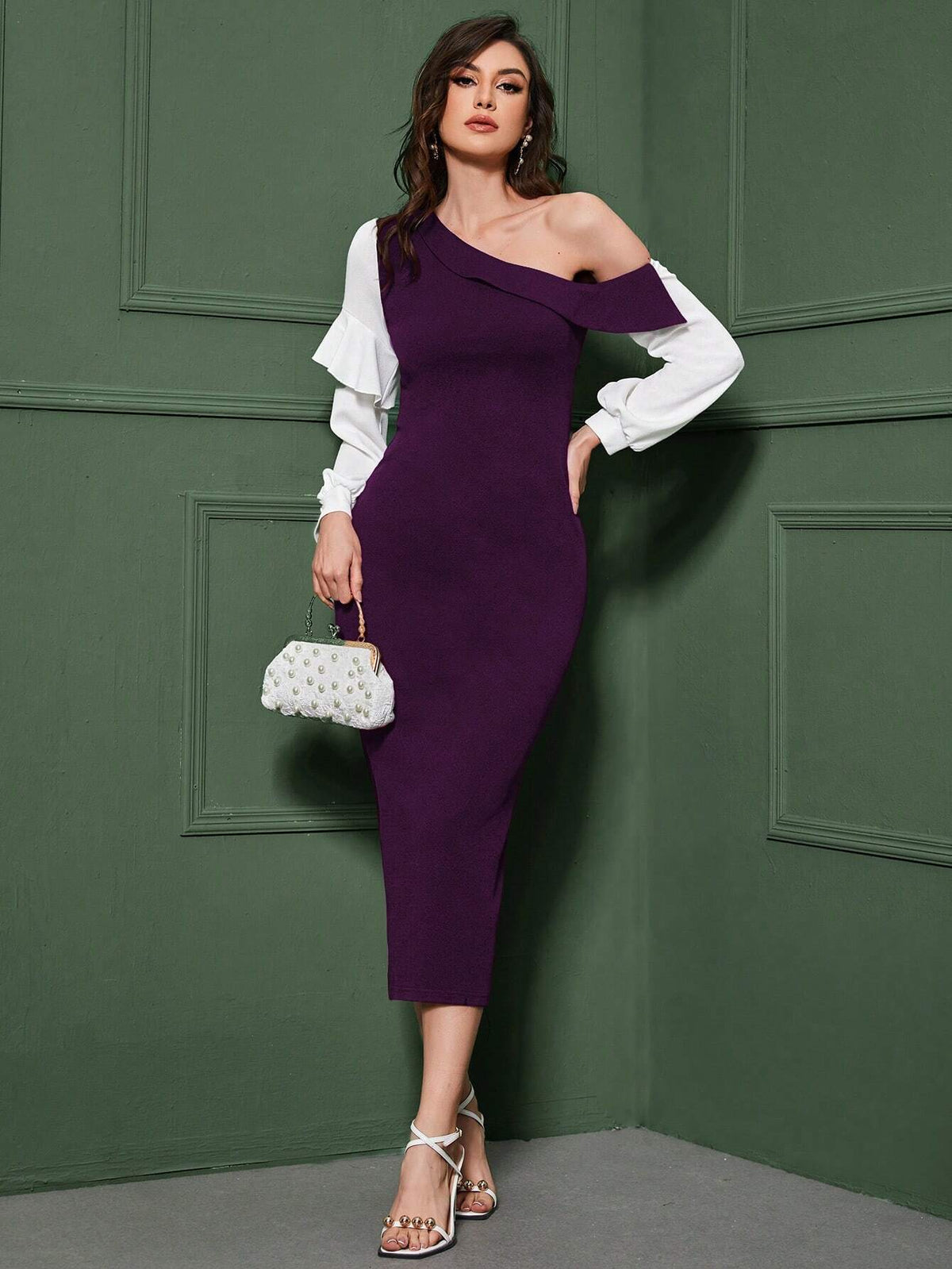 Modely Ladies' Color Block Asymmetric Collar Ruffle Hem Lantern Sleeve Dress