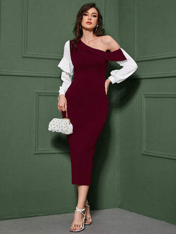 Modely Ladies' Color Block Asymmetric Collar Ruffle Hem Lantern Sleeve Dress