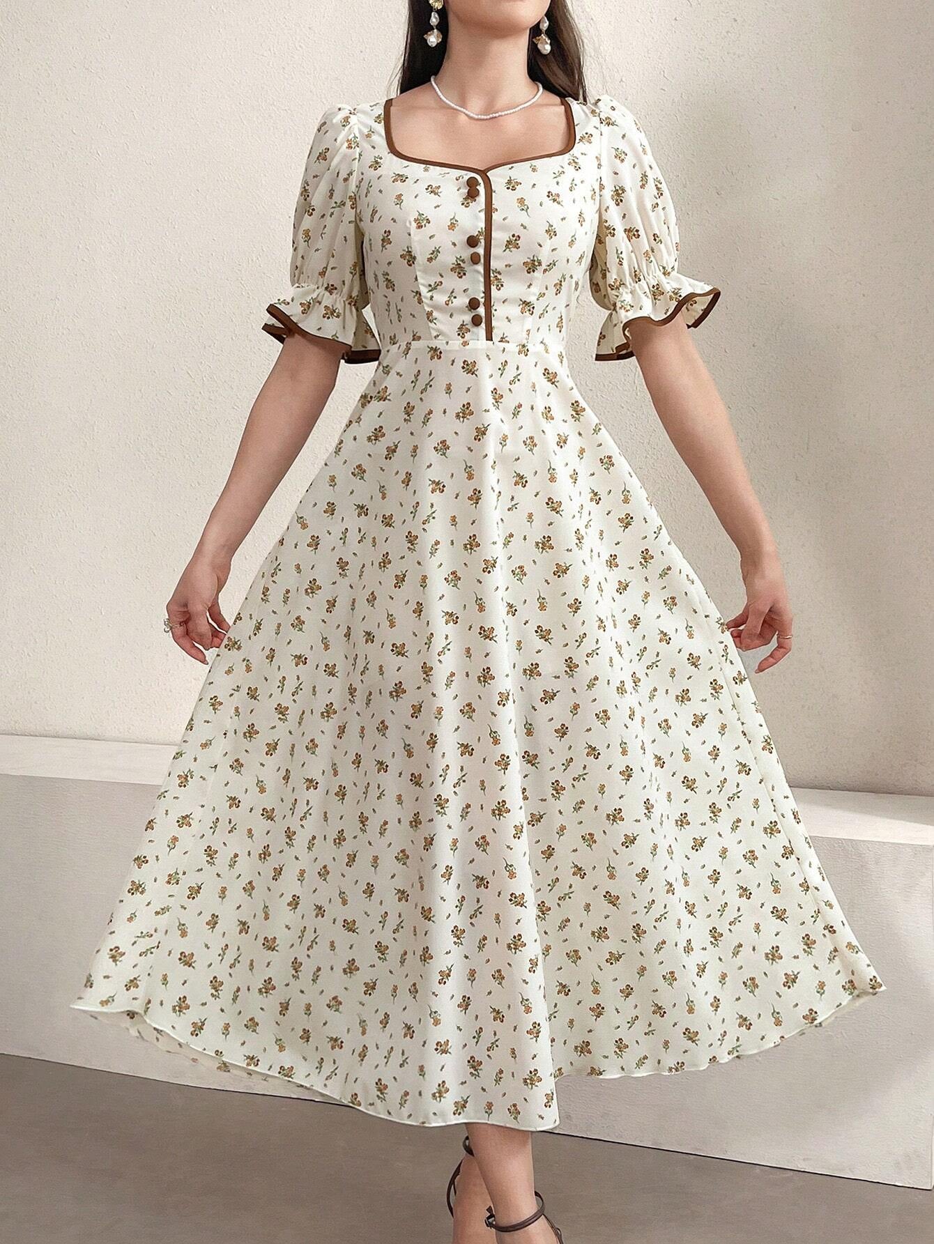 Modely Ladies' Short Sleeve Button Decorated Floral Dress