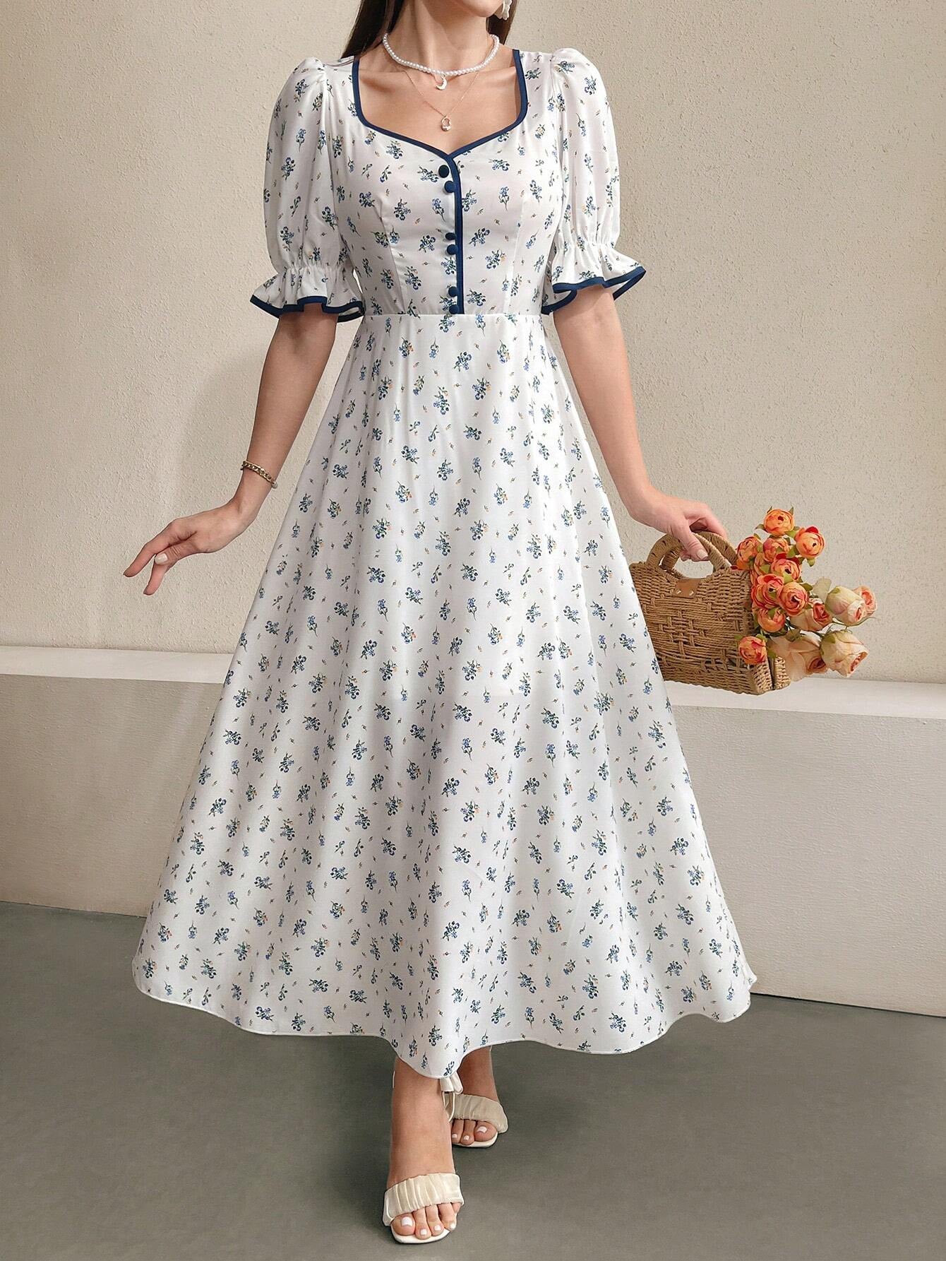 Modely Ladies' Short Sleeve Button Decorated Floral Dress