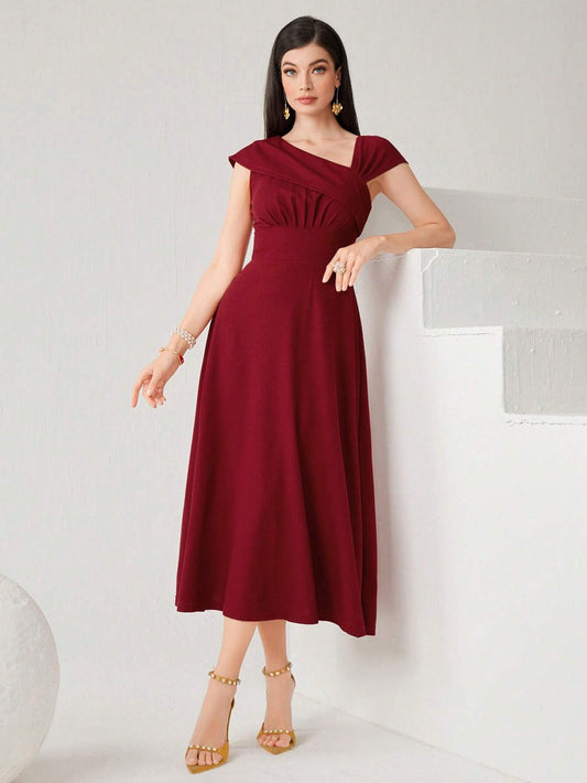 Modely Ladies' Solid Color Asymmetrical Neckline Dress