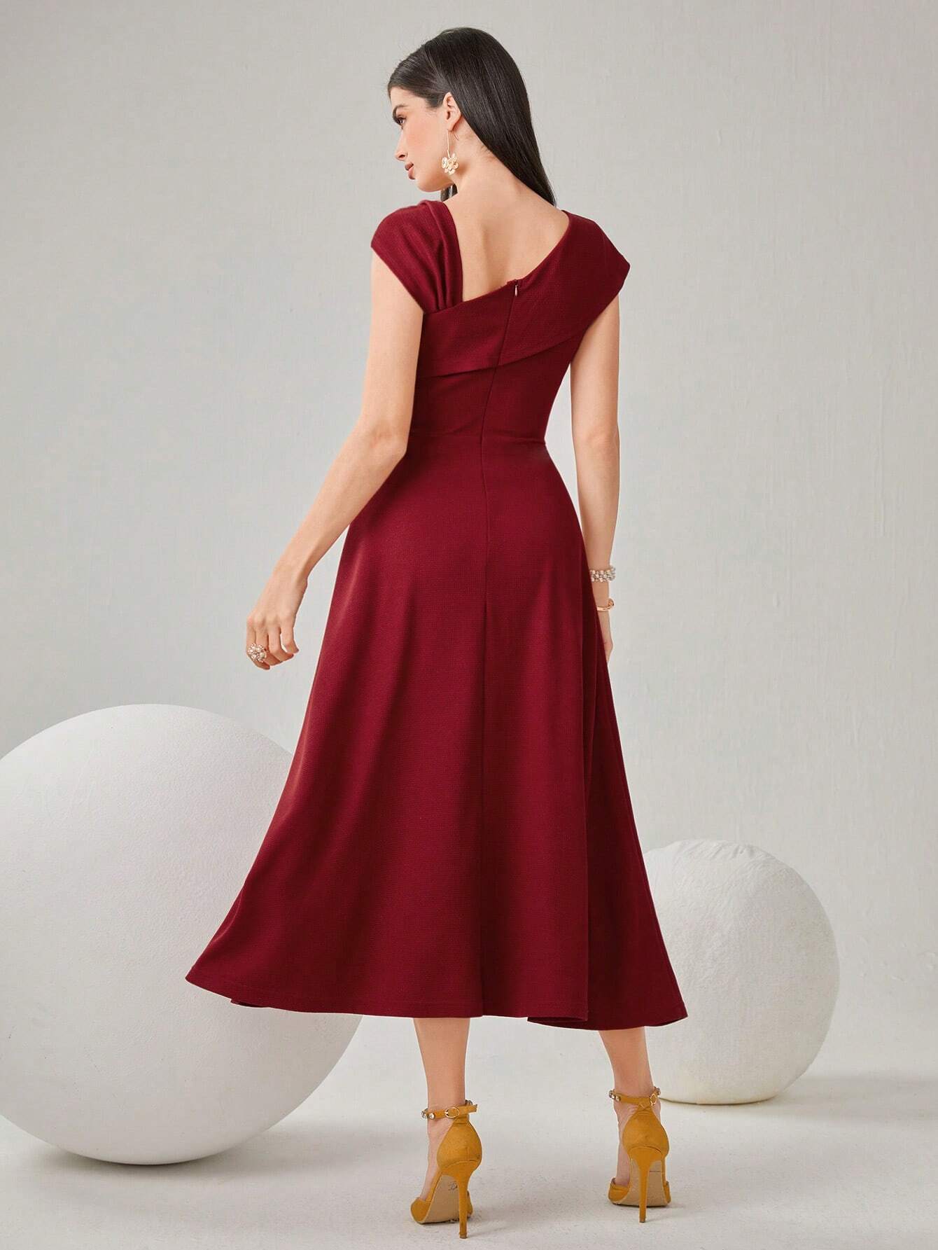 Modely Ladies' Solid Color Asymmetrical Neckline Dress