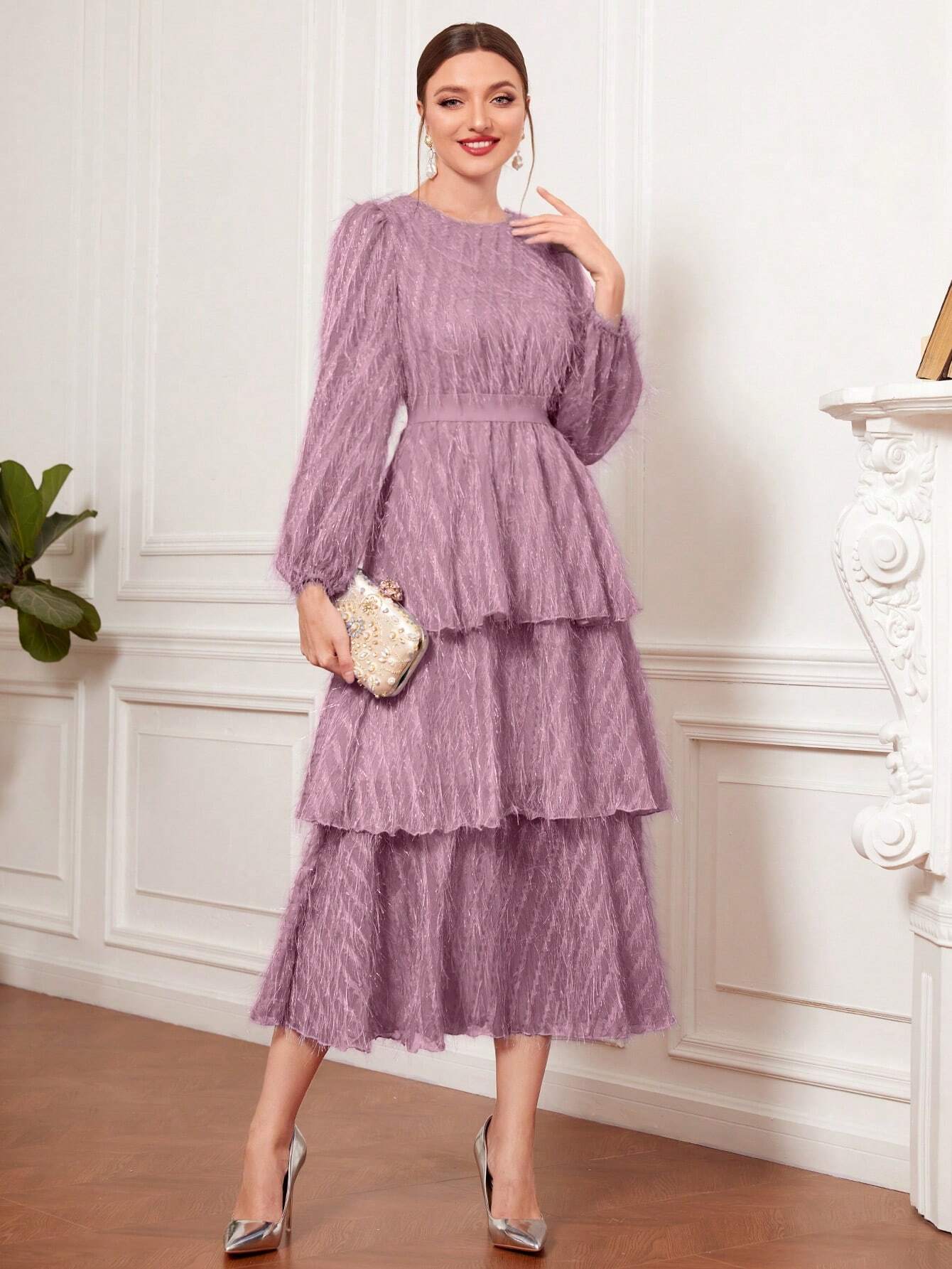 Modely Lantern Sleeve Layered Hem Dress