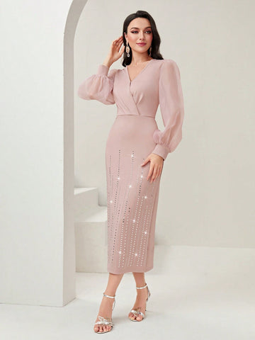 Modely Lantern Sleeve Rhinestone Detail Mesh Sleeve Dress