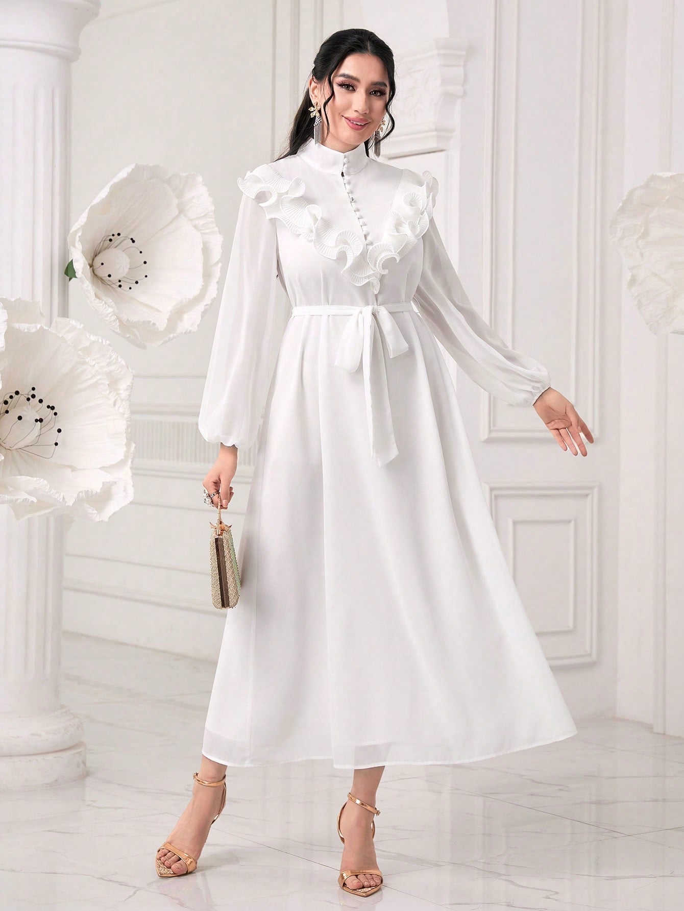 Modely Lantern Sleeve Ruffle Trim Belted Dress