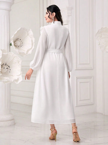 Modely Lantern Sleeve Ruffle Trim Belted Dress