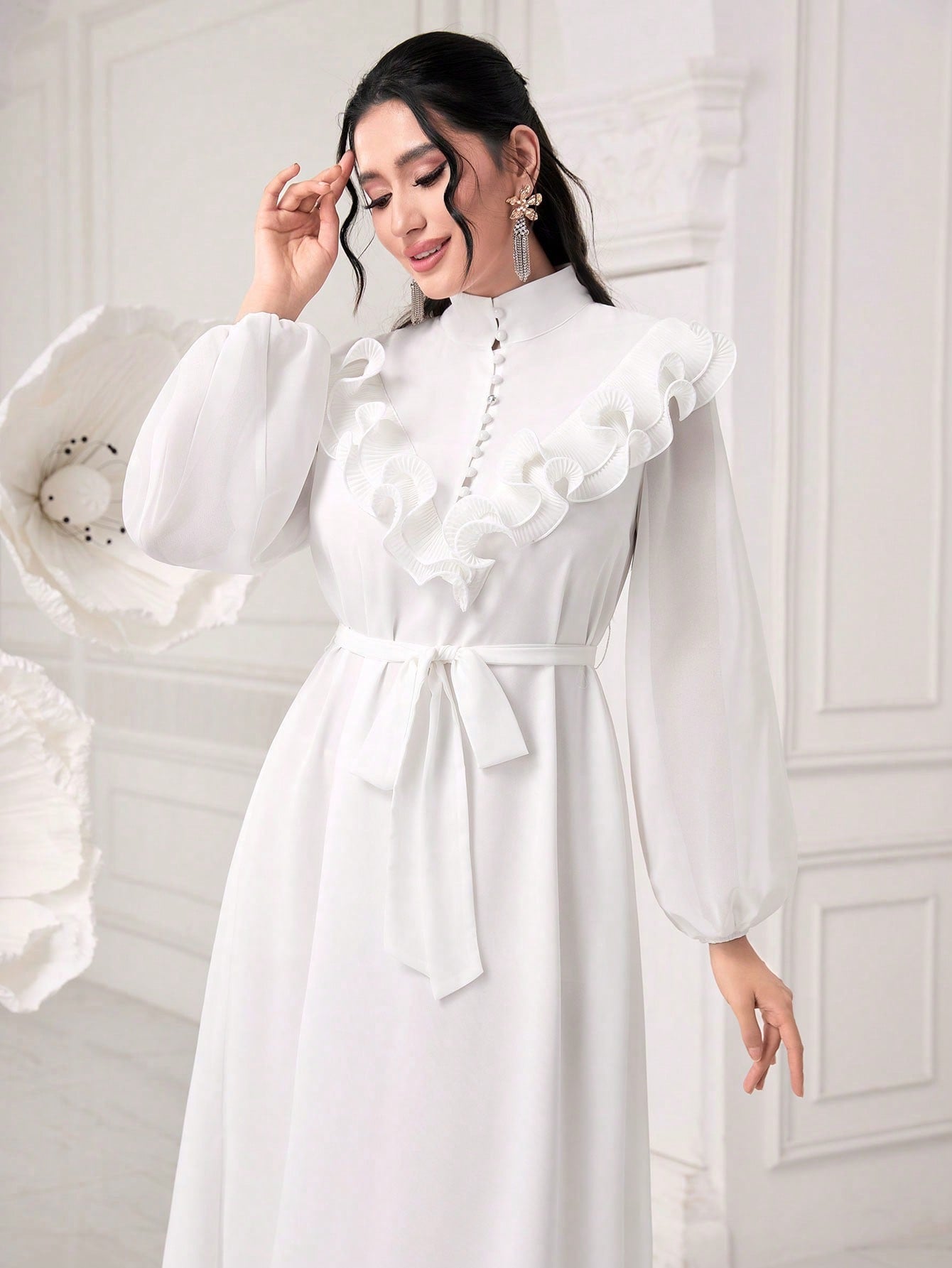 Modely Lantern Sleeve Ruffle Trim Belted Dress