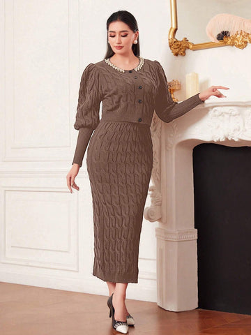 Modely Leg Of Mutton Sleeve Cable Knit Cardigan And Knit A-Line Skirt Set