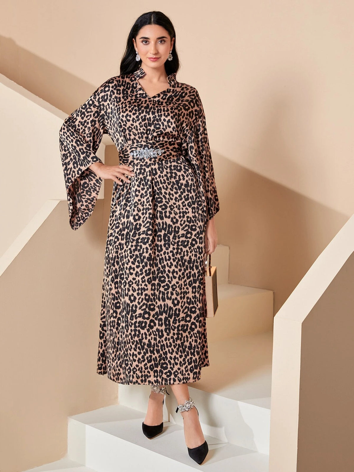 Modely Leopard Print Rhinestone Belted Trumpet Sleeve Dress