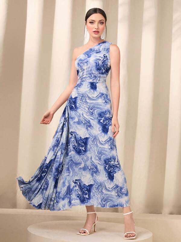 Modely Marble Print One Shoulder Draped Detail Pleated Hem Dress