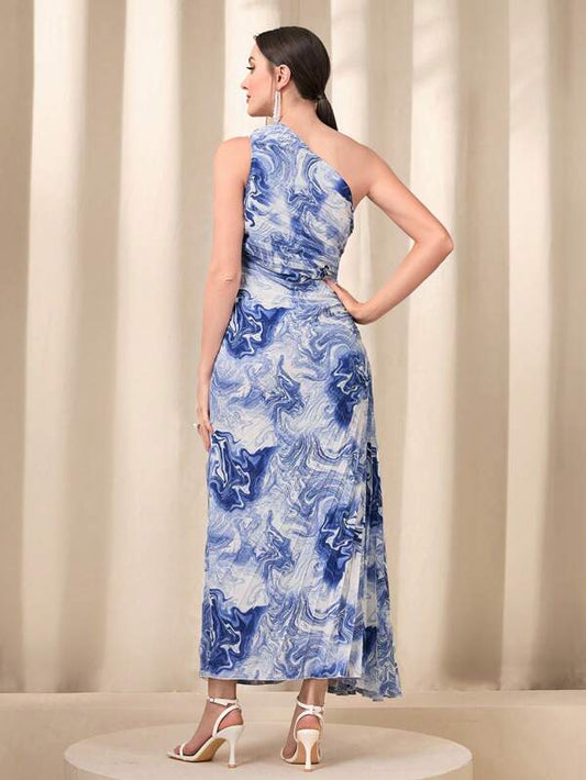 Modely Marble Print One Shoulder Draped Detail Pleated Hem Dress