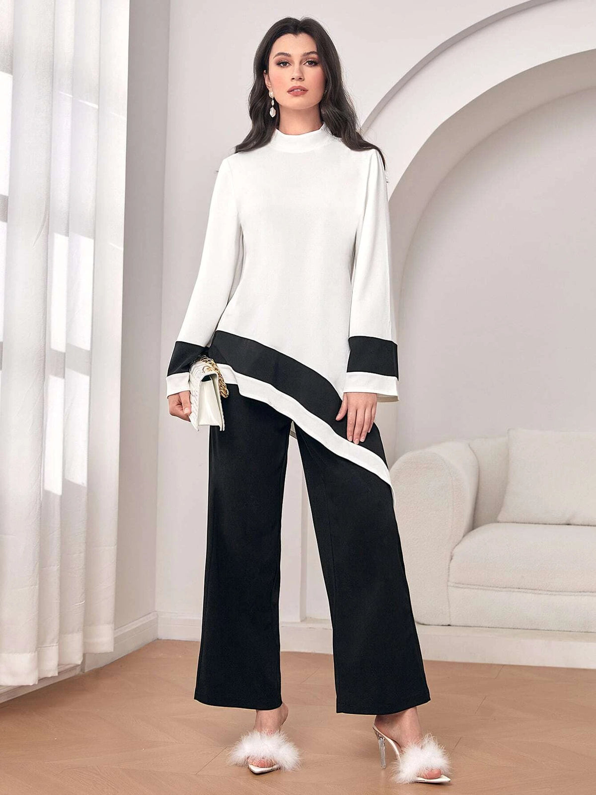 Modely Mock Neck Colorblock Asymmetrical Hem Top & Pants