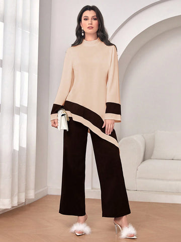 Modely Mock Neck Colorblock Asymmetrical Hem Top & Pants