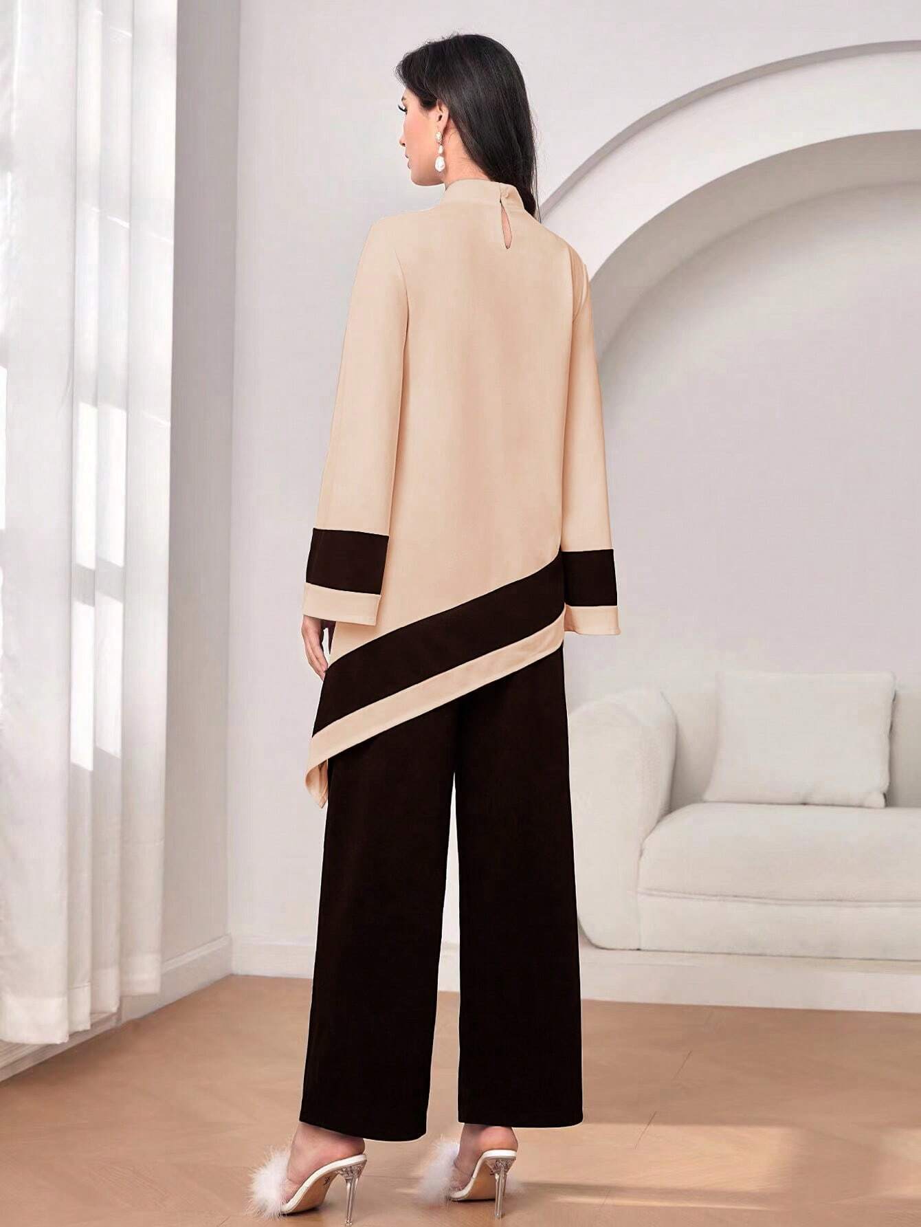 Modely Mock Neck Colorblock Asymmetrical Hem Top & Pants