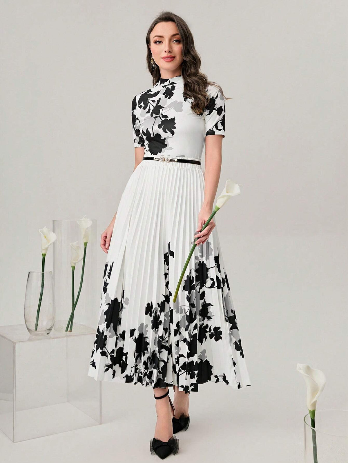Modely Mock Neck Floral Tee & Pleated Skirt Without Belt