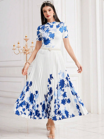 Modely Mock Neck Floral Tee & Pleated Skirt Without Belt