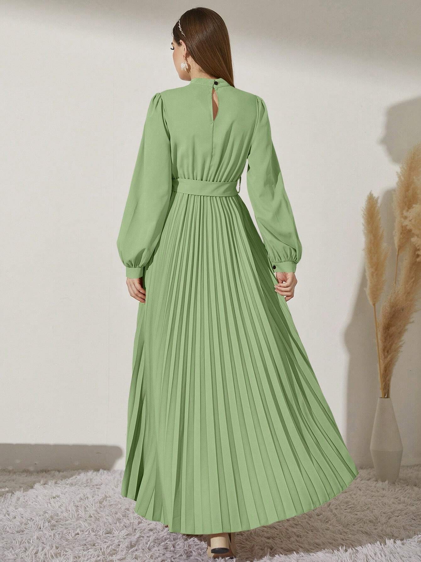 Modely Mock Neck Lantern Sleeve Pleated Hem Belted Dress