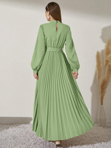 Modely Mock Neck Lantern Sleeve Pleated Hem Belted Dress